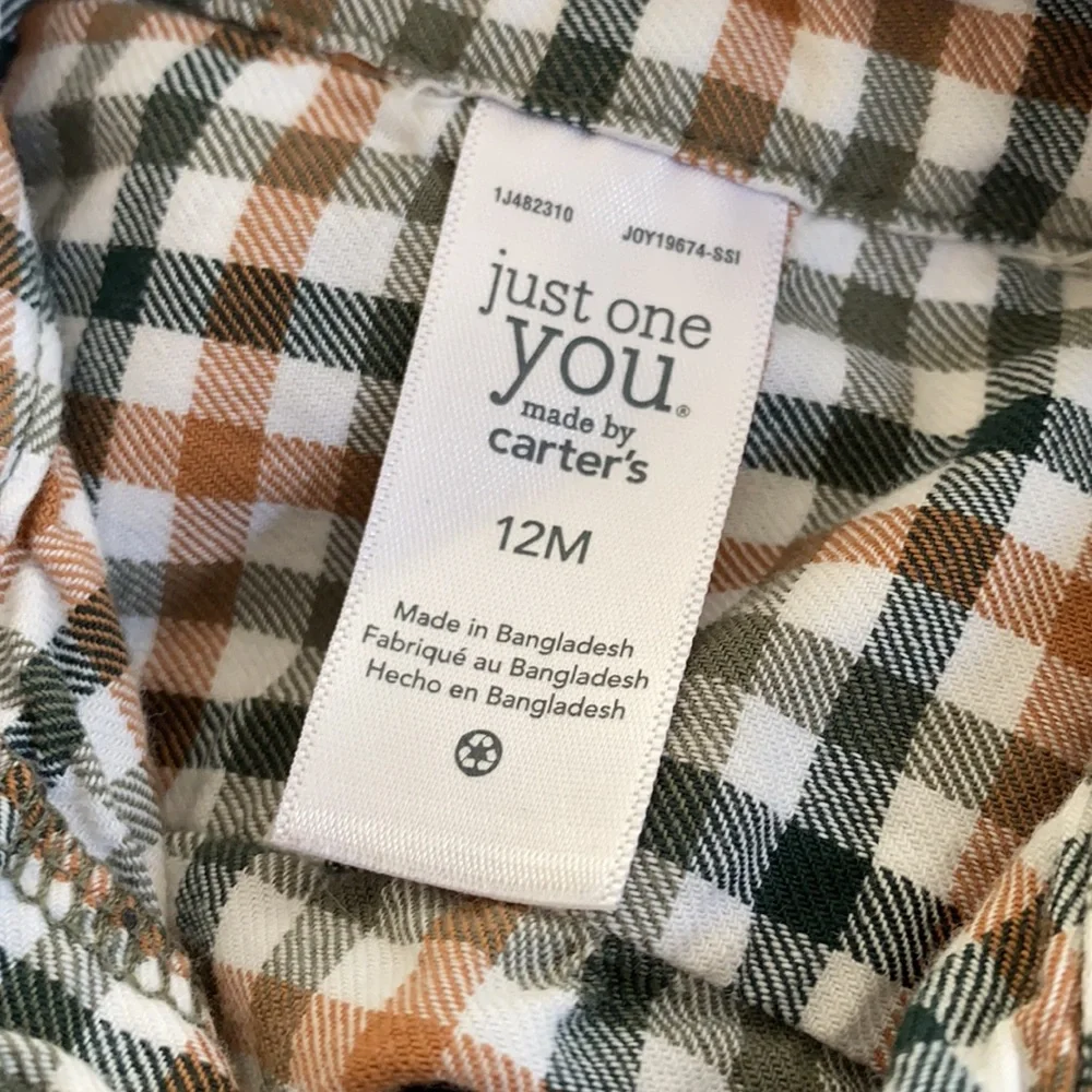 Carter’s 2 pc outfit plaid flannel button & green pants 12M